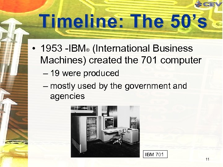 Timeline: The 50’s • 1953 -IBM® (International Business Machines) created the 701 computer –