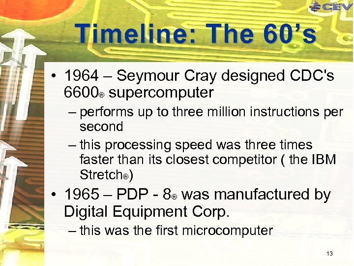 Timeline: The 60’s • 1964 – Seymour Cray designed CDC's 6600® supercomputer – performs