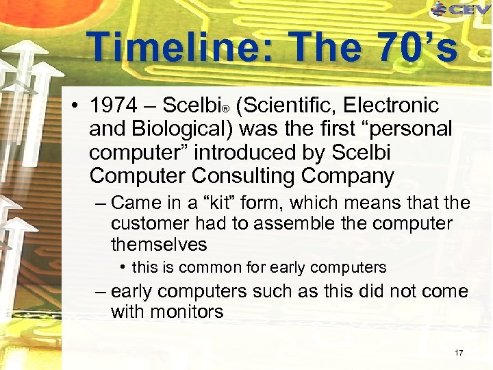 Timeline: The 70’s • 1974 – Scelbi® (Scientific, Electronic and Biological) was the first
