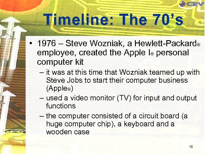 Timeline: The 70’s • 1976 – Steve Wozniak, a Hewlett-Packard® employee, created the Apple