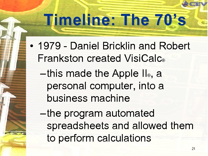 Timeline: The 70’s • 1979 - Daniel Bricklin and Robert Frankston created Visi. Calc®
