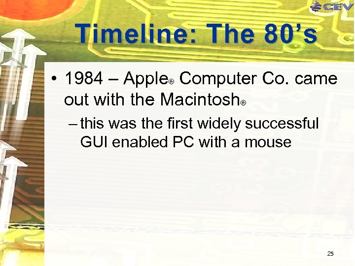 Timeline: The 80’s • 1984 – Apple® Computer Co. came out with the Macintosh®