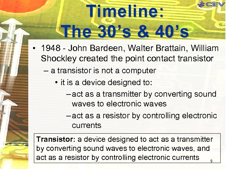 Timeline: The 30’s & 40’s • 1948 - John Bardeen, Walter Brattain, William Shockley