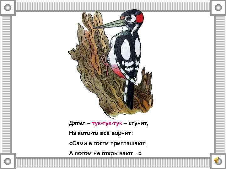 Дятел – тук-тук – стучит, На кото-то всё ворчит: «Сами в гости приглашают, А