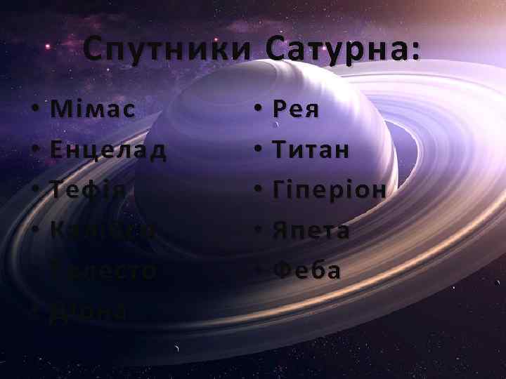 Спутники Сатурна: • Мімас • Енцелад • Тефія • Калібсо • Телесто • Діона