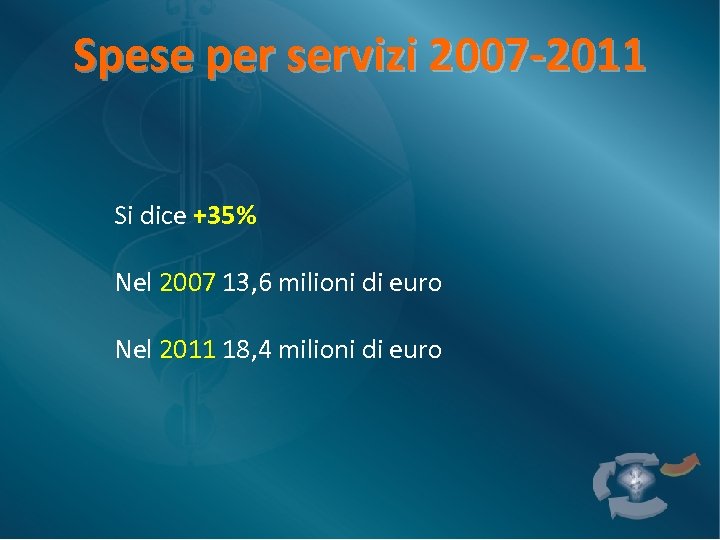 Spese per servizi 2007 -2011 Si dice +35% Nel 2007 13, 6 milioni di