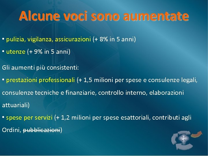 Alcune voci sono aumentate • pulizia, vigilanza, assicurazioni (+ 8% in 5 anni) •