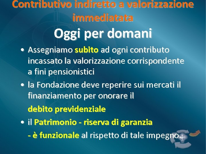 Contributivo indiretto a valorizzazione immediatata Oggi per domani • Assegniamo subito ad ogni contributo