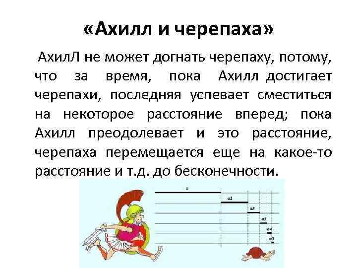  «Ахилл и черепаха» Ахил. Л не может догнать черепаху, потому, что за время,