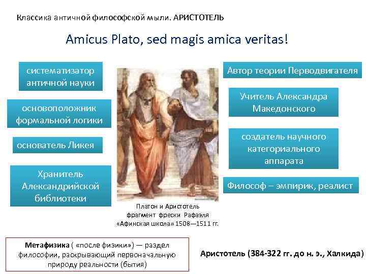 Классика античной философской мыли. АРИСТОТЕЛЬ Amicus Plato, sed magis amica veritas! систематизатор античной науки