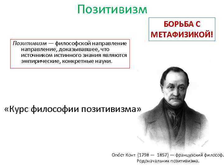 Позитивизм — философской направление, доказывавшее, что источником истинного знания являются эмпирические, конкретные науки. БОРЬБА