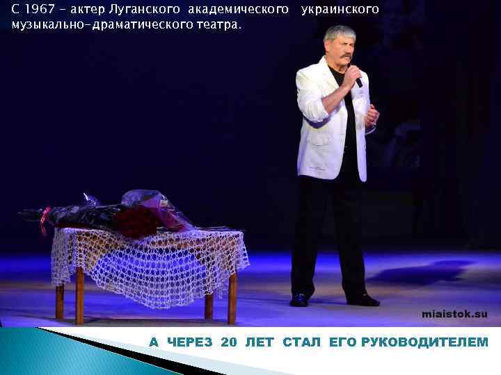 С 1967 - актер Луганского академического украинского музыкально-драматического театра. А ЧЕРЕЗ 20 ЛЕТ СТАЛ