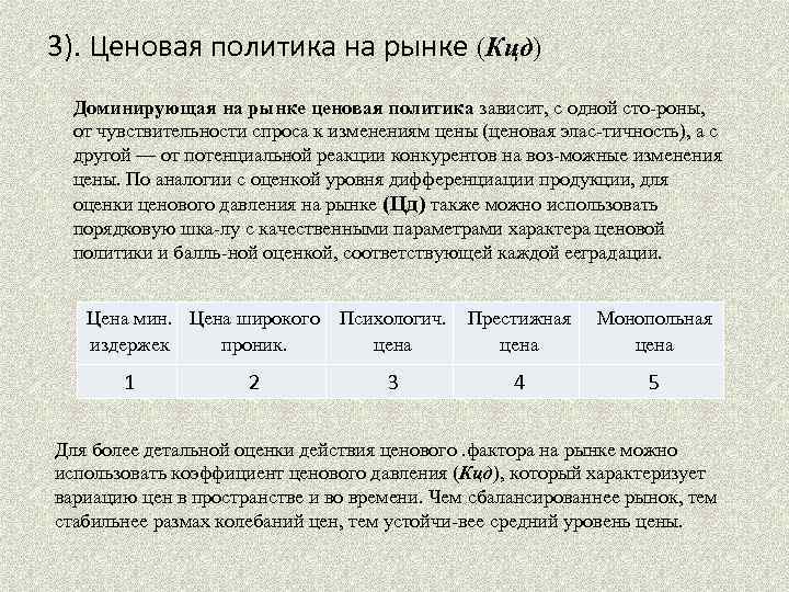 3). Ценовая политика на рынке (Кцд) Доминирующая на рынке ценовая политика зависит, с одной