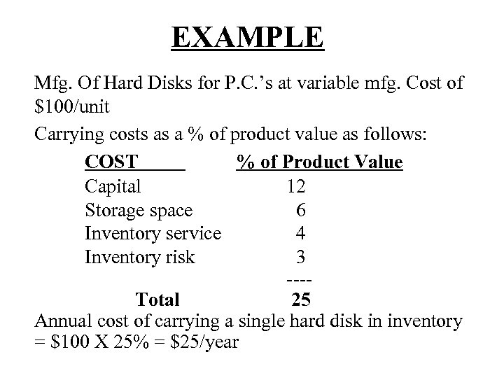 EXAMPLE Mfg. Of Hard Disks for P. C. ’s at variable mfg. Cost of