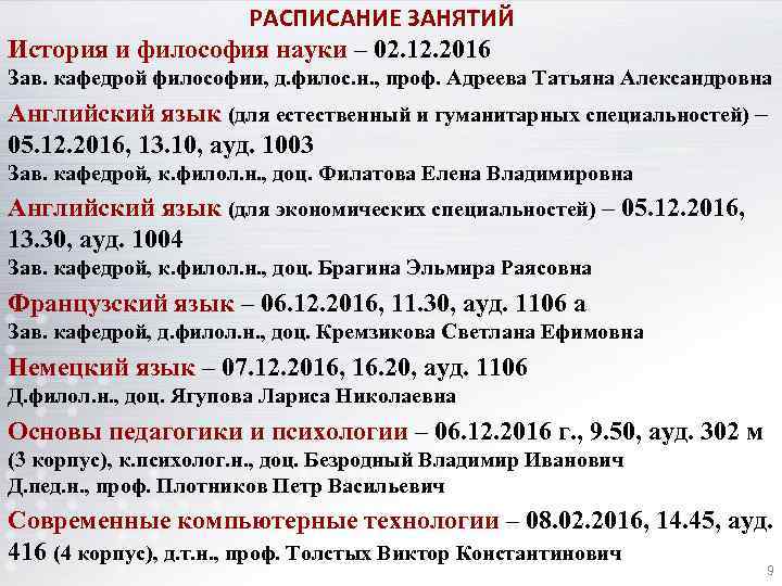 РАСПИСАНИЕ ЗАНЯТИЙ История и философия науки – 02. 12. 2016 Зав. кафедрой философии, д.
