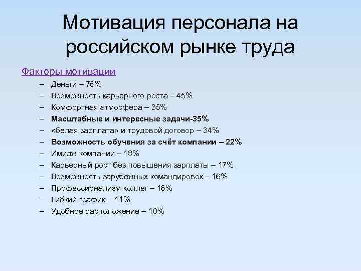 Мотивация персонала на российском рынке труда Факторы мотивации – – – Деньги – 76%