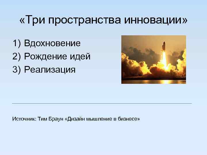  «Три пространства инновации» 1) Вдохновение 2) Рождение идей 3) Реализация Источник: Тим Браун