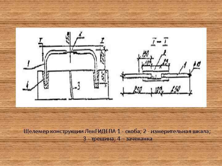 Щелемер конструкции Лен. ГИДЕПА 1 - скоба; 2 - измерительная шкала; 3 - трещина;