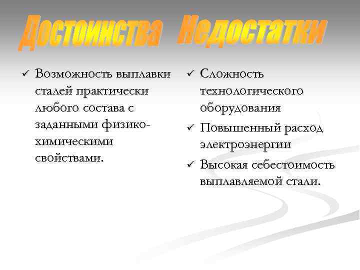 ü Возможность выплавки сталей практически любого состава с заданными физикохимическими свойствами. ü ü ü