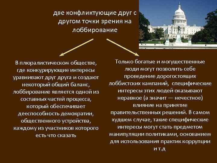 две конфликтующие друг с другом точки зрения на лоббирование В плюралистическом обществе, где конкурирующие