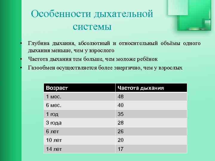 Особенности дыхательной системы • Глубина дыхания, абсолютный и относительный объёмы одного дыхания меньше, чем