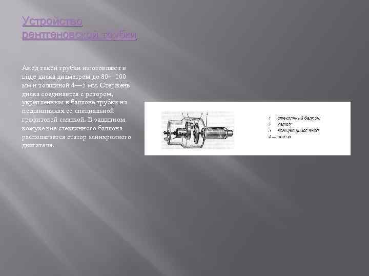 Устройство рентгеновской трубки Анод такой трубки изготовляют в виде диска диаметром до 80— 100