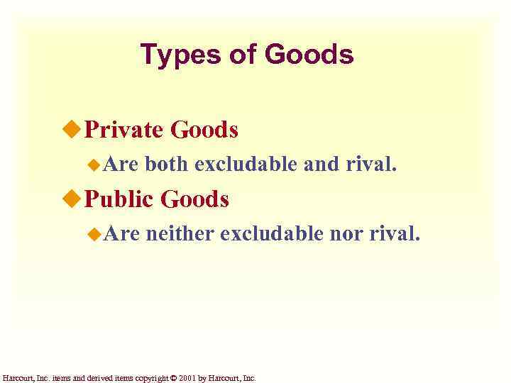 Types of Goods u. Private Goods u. Are both excludable and rival. u. Public