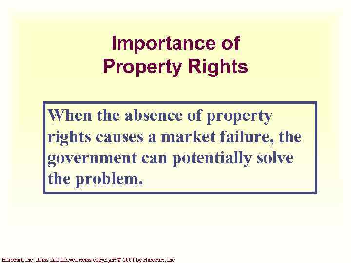 Importance of Property Rights When the absence of property rights causes a market failure,