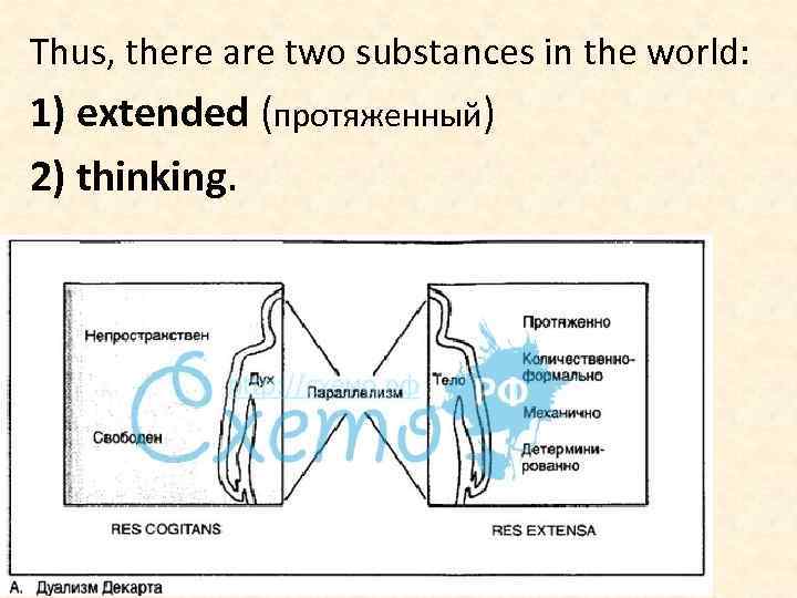 Thus, there are two substances in the world: 1) extended (протяженный) 2) thinking. 