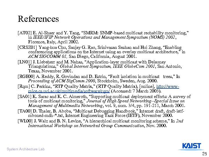 References [AT 02] E. Al-Shaer and Y. Tang, “SMRM: SNMP-based multicast rechability monitoring, ”