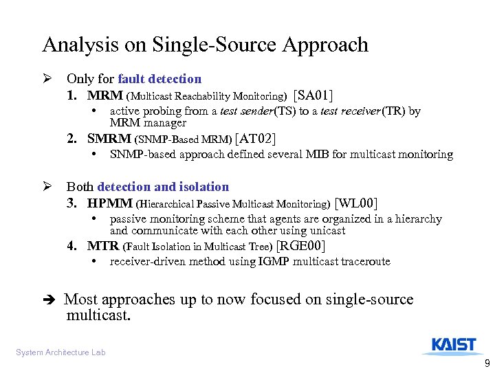 Analysis on Single-Source Approach Ø Only for fault detection 1. MRM (Multicast Reachability Monitoring)