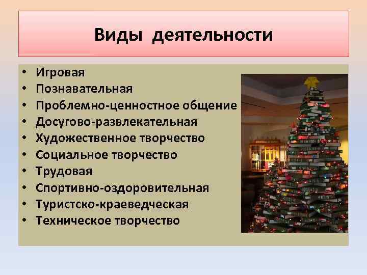 Виды деятельности • • • Игровая Познавательная Проблемно-ценностное общение Досугово-развлекательная Художественное творчество Социальное творчество