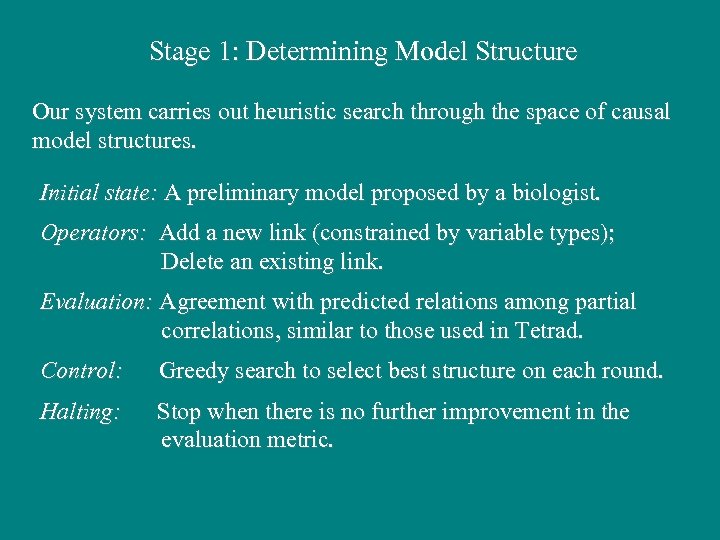 Stage 1: Determining Model Structure Our system carries out heuristic search through the space