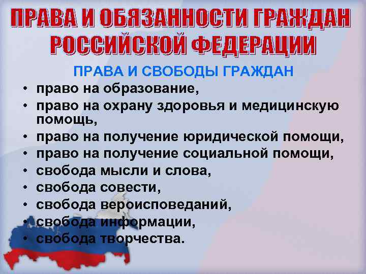  • • • ПРАВА И СВОБОДЫ ГРАЖДАН право на образование, право на охрану