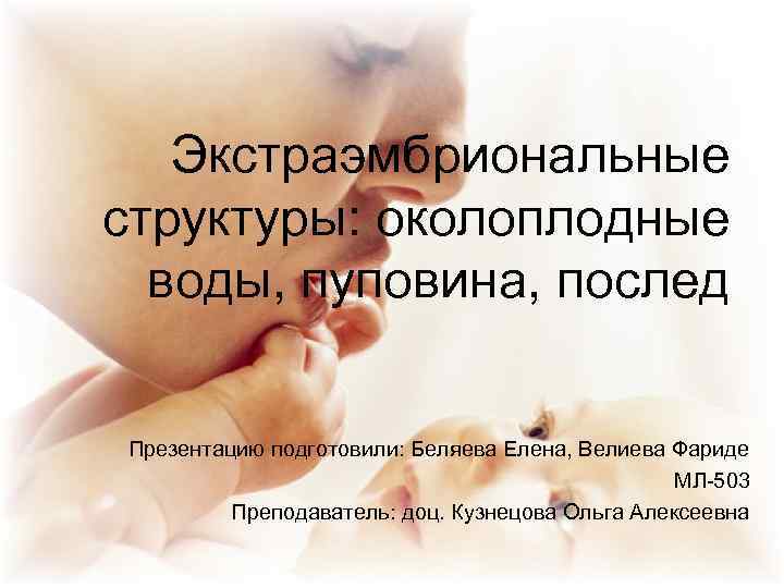 Экстраэмбриональные структуры: околоплодные воды, пуповина, послед Презентацию подготовили: Беляева Елена, Велиева Фариде МЛ-503 Преподаватель: