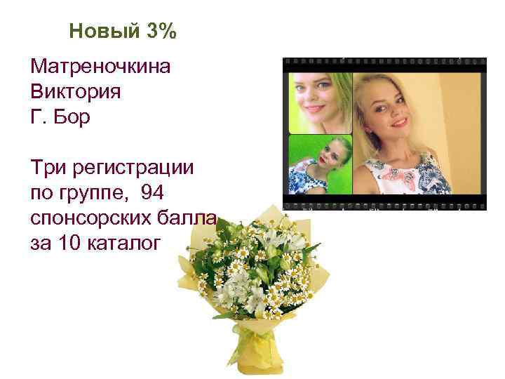 Новый 3% Матреночкина Виктория Г. Бор Три регистрации по группе, 94 спонсорских балла за