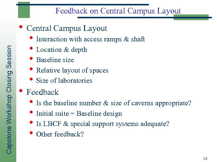 Feedback on Central Campus Layout Capstone Workshop Closing Session • Central Campus Layout •