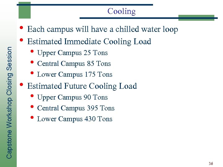 Capstone Workshop Closing Session Cooling • Each campus will have a chilled water loop