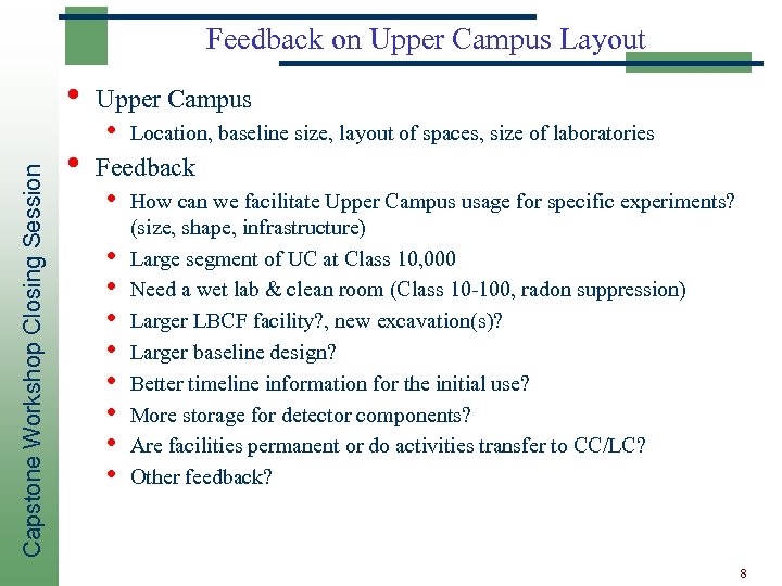 Feedback on Upper Campus Layout Capstone Workshop Closing Session • • Upper Campus •