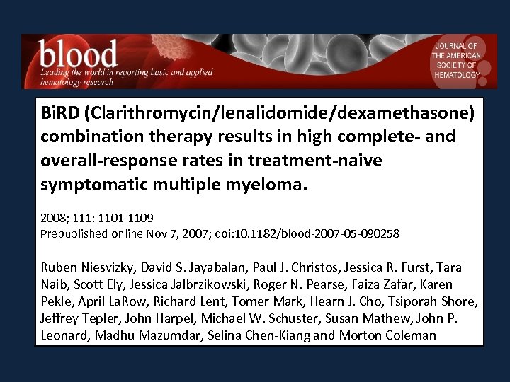 Bi. RD (Clarithromycin/lenalidomide/dexamethasone) combination therapy results in high complete- and overall-response rates in treatment-naive