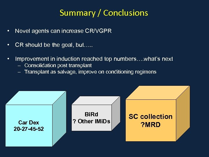 Summary / Conclusions • Novel agents can increase CR/VGPR • CR should be the