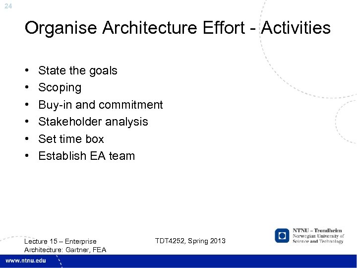 24 Organise Architecture Effort - Activities • • • State the goals Scoping Buy-in