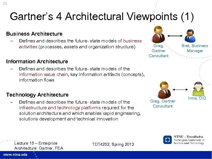 29 Gartner’s 4 Architectural Viewpoints (1) Business Architecture – Defines and describes the future-