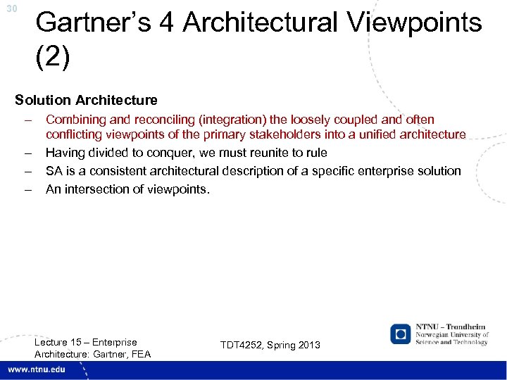 30 Gartner’s 4 Architectural Viewpoints (2) Solution Architecture – – Combining and reconciling (integration)