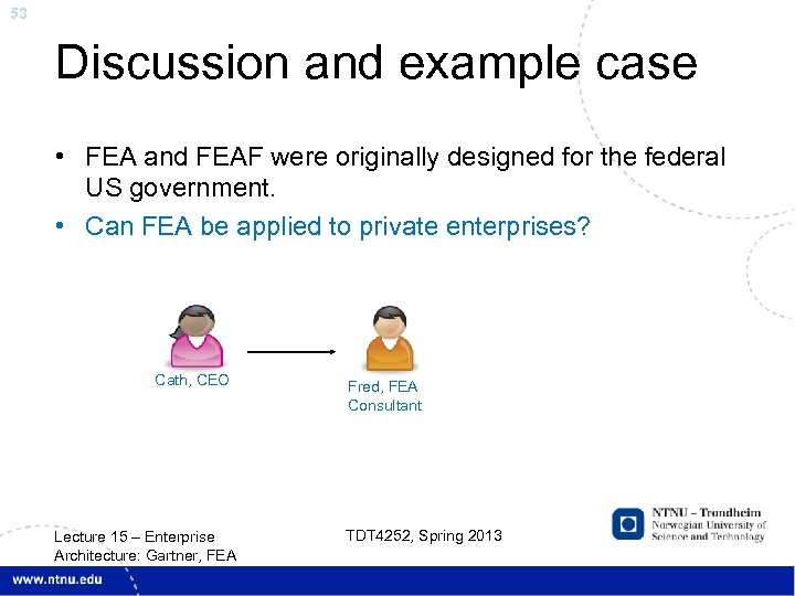 53 Discussion and example case • FEA and FEAF were originally designed for the