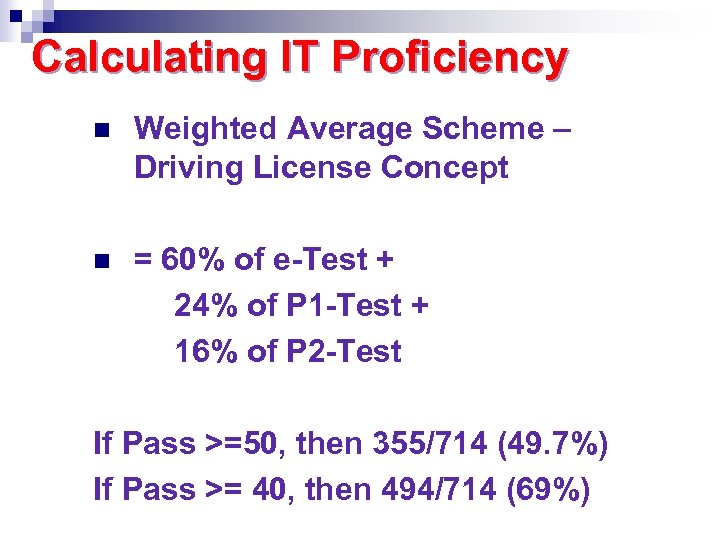 Calculating IT Proficiency n Weighted Average Scheme – Driving License Concept n = 60%