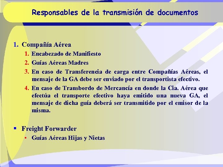 Responsables de la transmisión de documentos 1. Compañía Aérea 1. Encabezado de Manifiesto 2.