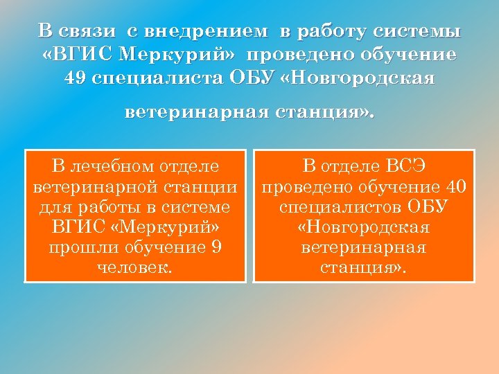 В связи с внедрением в работу системы «ВГИС Меркурий» проведено обучение 49 специалиста ОБУ