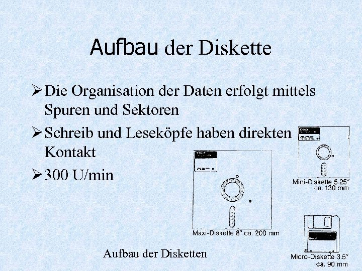 Aufbau der Diskette Ø Die Organisation der Daten erfolgt mittels Spuren und Sektoren Ø