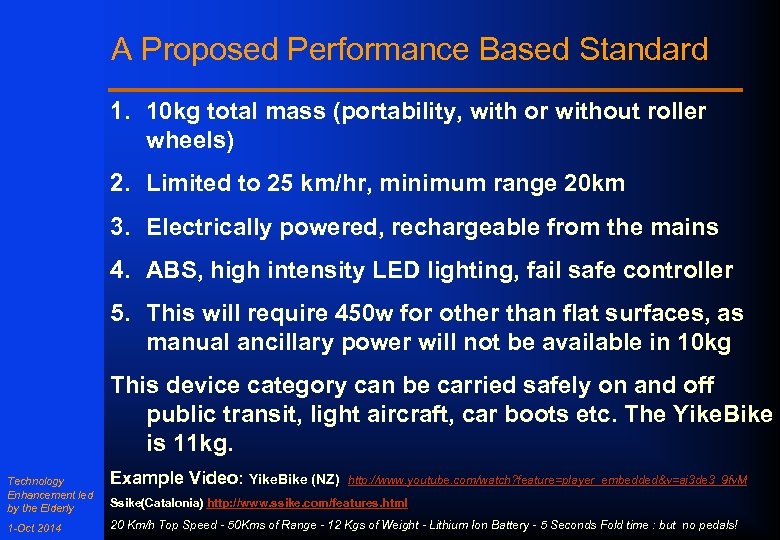 A Proposed Performance Based Standard 1. 10 kg total mass (portability, with or without